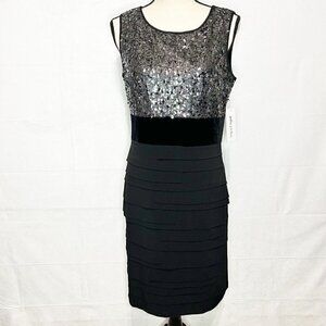 Julia Jordan Sleeveless Black Silver Sequin Velvet Waist Tiered Dress Sz 8 NWT